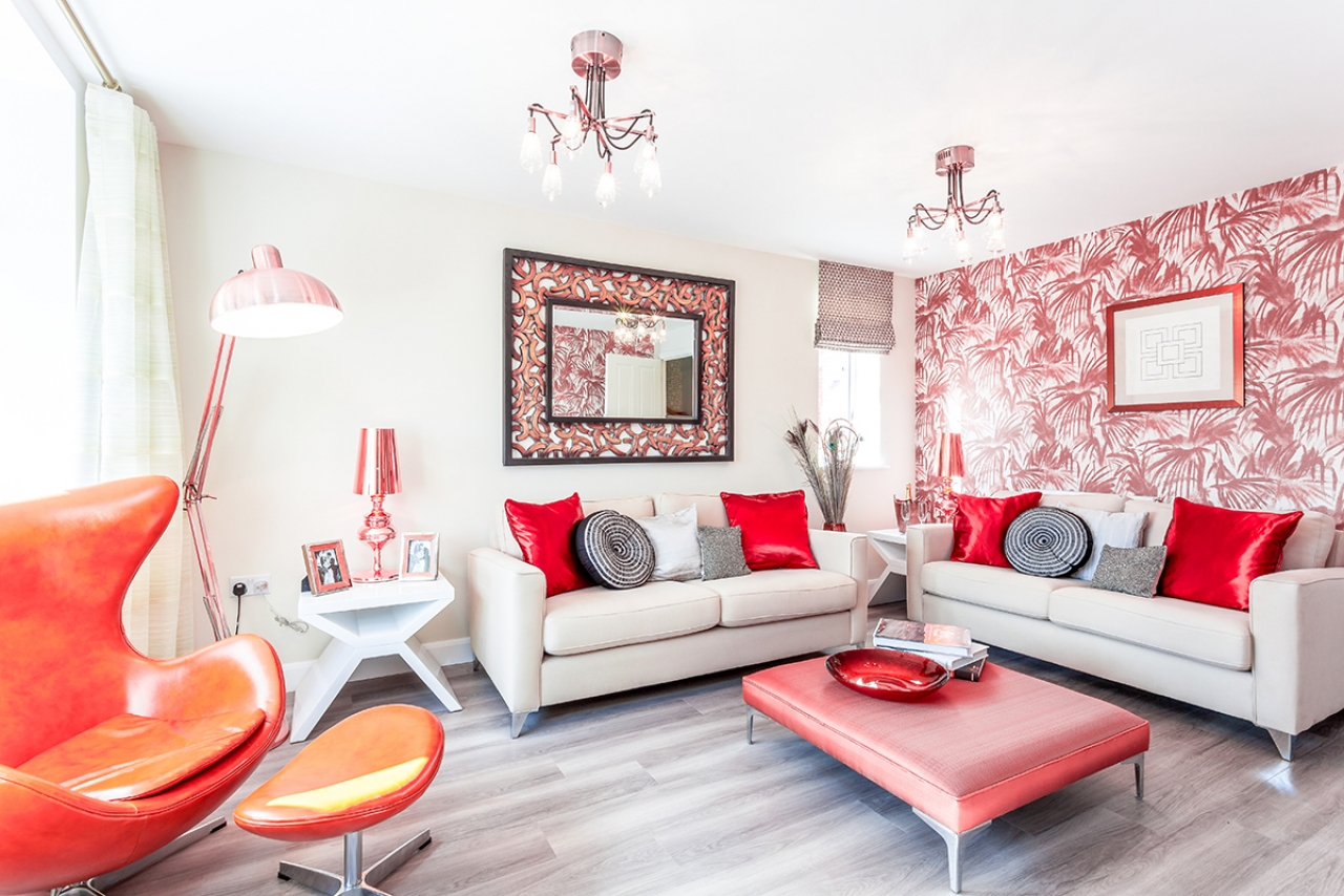 >Red and White Styled Living Room