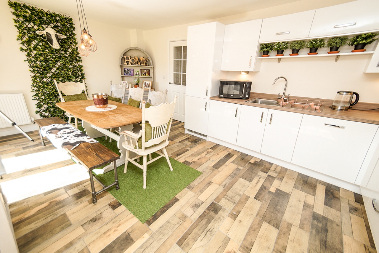 >Modern White Kitchen and Dining Room